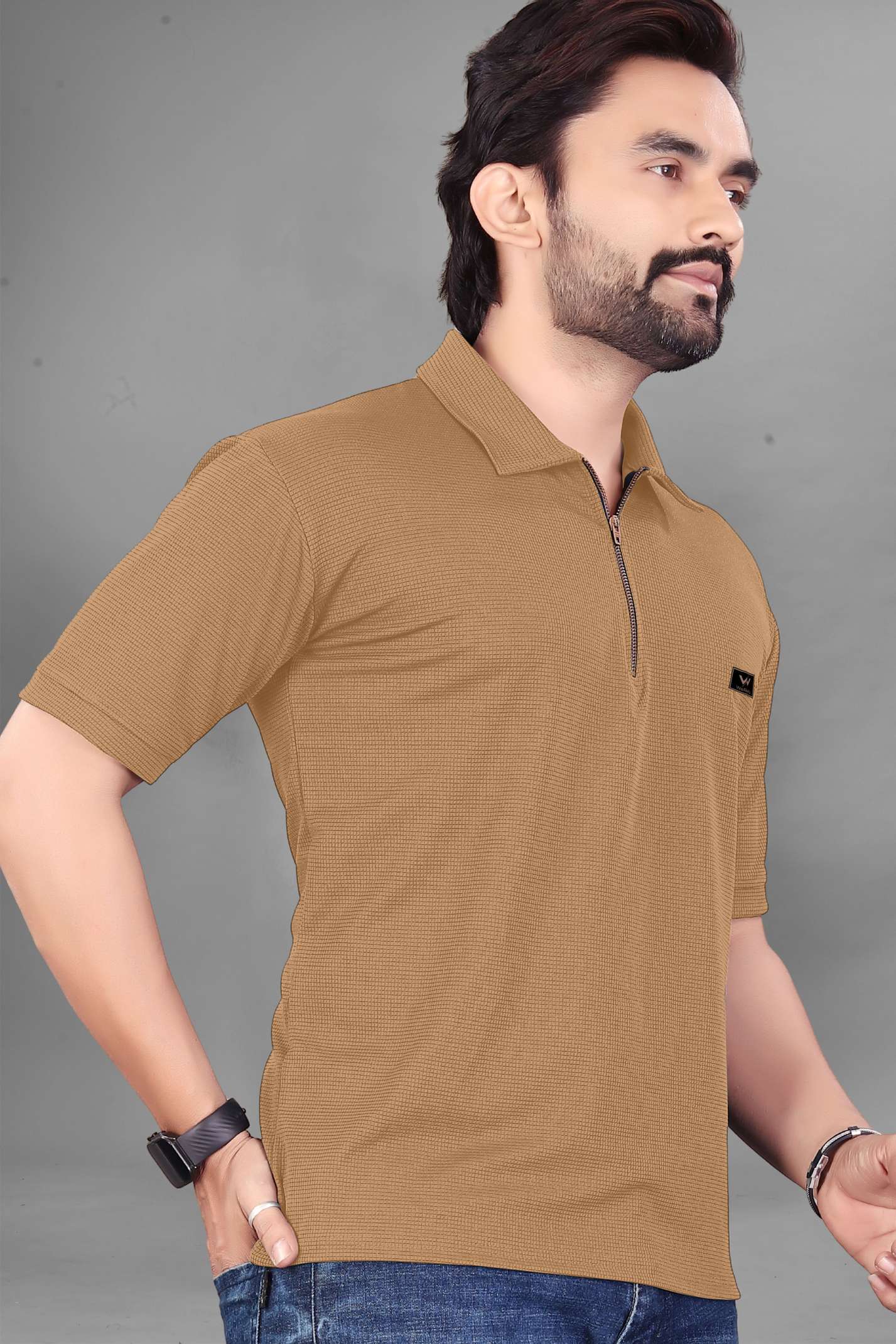 Men Solid Zip Neck Polycotton Beige T-Shirt - Image 5
