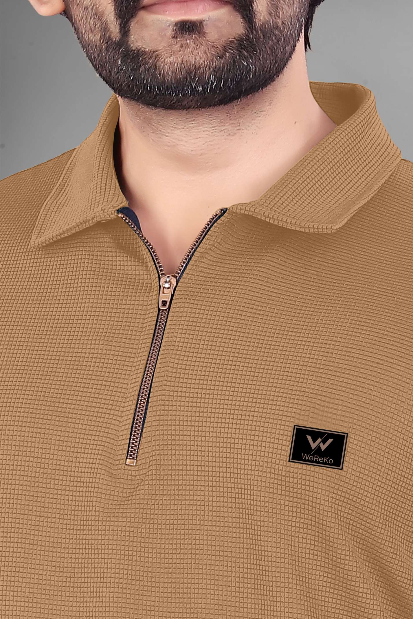 Men Solid Zip Neck Polycotton Beige T-Shirt - Image 3