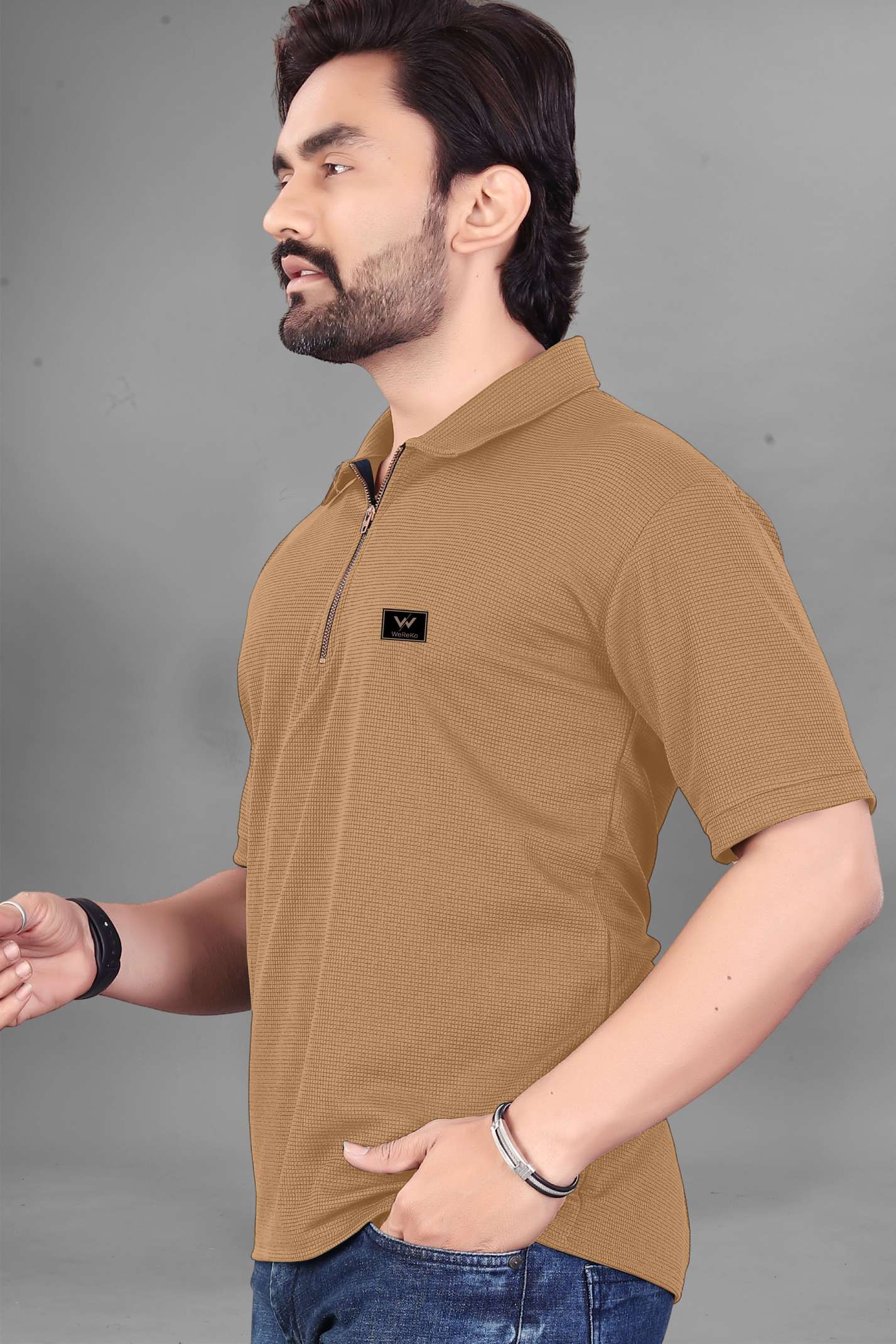 Men Solid Zip Neck Polycotton Beige T-Shirt - Image 4