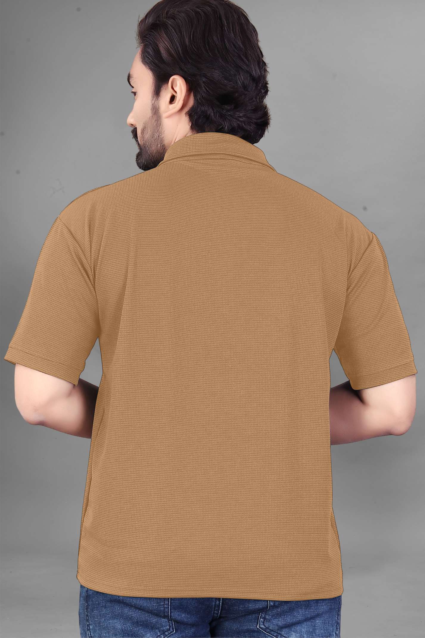 Men Solid Zip Neck Polycotton Beige T-Shirt - Image 2