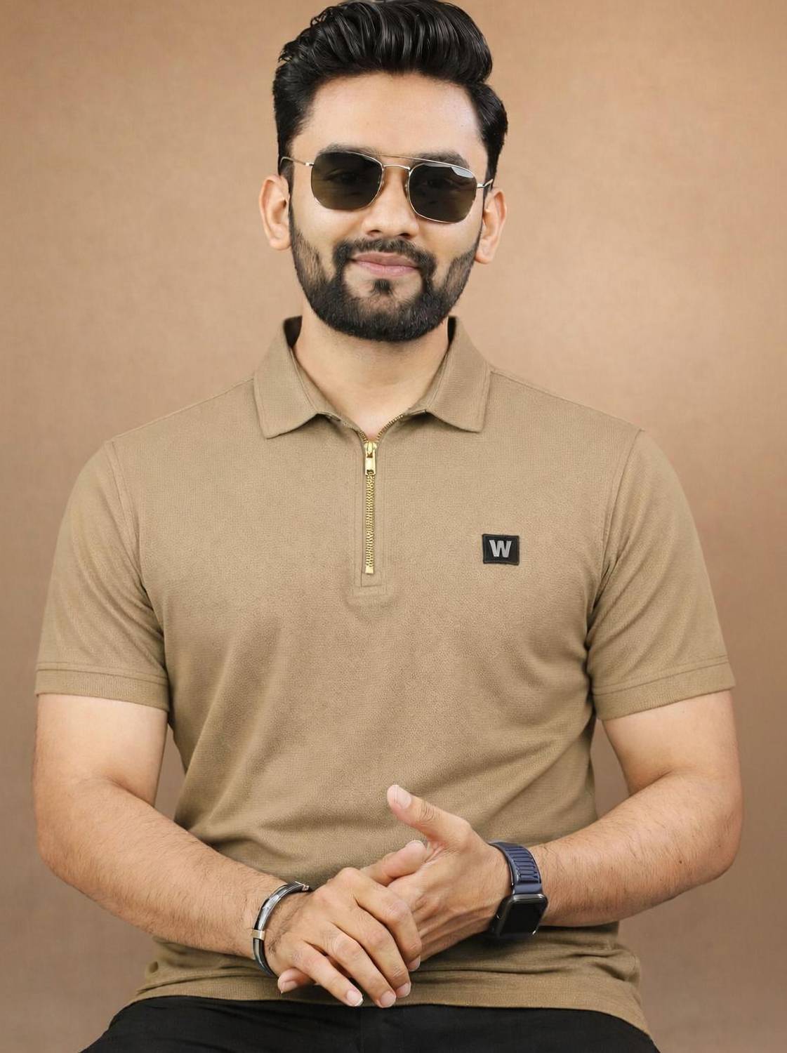 Men Solid Zip Neck Polycotton Beige T-Shirt